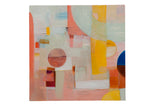 Original abstract painting featuring textured geometric shapes in a palette of coral, yellow, and pale blue.