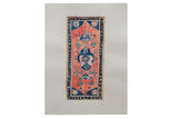 Sarah Martinez watercolor and ink painting of an antique rug with coral and dark blue geometric motifs, 18x24.