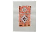 Sarah Martinez original painting of a coral geometric antique rug on deckled paper, 18x24.