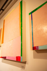 Textured abstract colorblock art, highlighting bright green side and peach blocks.