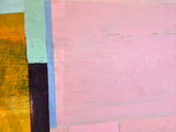 Close-up of the textured surface where pink, blue, green, and orange acrylic paint blocks meet.