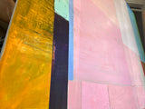 Close-up of the textured acrylic paint and deep cradled wood panel of the abstract artwork.