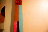Side profile of the abstract painting's thick, textured acrylic on its deep panel.