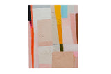 Sarah Martinez abstract painting with textured color blocks in orange, yellow, pink, blue, and neutrals, 11x14.