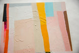 Thick impasto texture of pink, yellow, blue, and cream abstract color blocks.