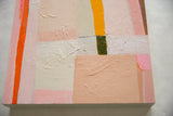 Textured orange, yellow, green, and blush blocks on Sarah Martinez abstract painting.