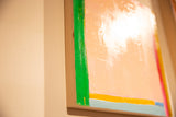 Sarah Martinez abstract painting with thick green, peach, and yellow textured acrylic strokes.
