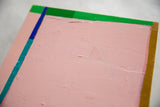 Sarah Martinez abstract art, textured blush pink paint with blue, teal, green stripes.