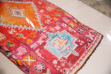Detail of the artist's pencil signature on the colorful Sarah Martinez vintage rug print.