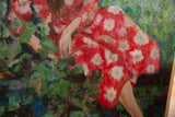 Textured detail of red floral dress, girl's arm, and green foliage in painting.