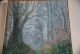 Grace B. Keogh painting of foggy forest with textured brushstrokes, muted grays and greens, wooden frame.
