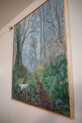 Grace B. Keogh painting, upper left, bare branches, misty blue, wooden frame.