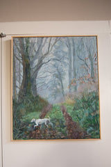 Grace B. Keogh painting: bottom right detail of white dog, green foliage, wooden frame.