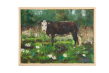 Grace B. Keogh 'Brown Cow' painting: cow in flowering green field, signed GBK, wood frame.
