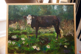 Grace B. Keogh's oil painting of a brown cow, showing brushstroke texture and wood frame.