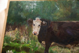 Grace B. Keogh painting detail: cow's light face, deep green brushstrokes, and canvas texture.
