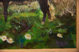 Detail of Grace B. Keogh painting featuring artist's purple GBK signature and white flowers.