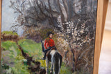 Keogh painting of a red-jacketed rider, dark trees, white blossoms, in a wood frame.