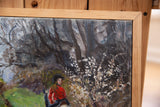 Grace B. Keogh painting, white blossoms, dark trees, visible canvas texture, wooden frame.