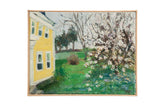 Grace B. Keogh 'Yellow House' painting, yellow building, green landscape, white blossoms.
