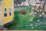 Textured painting detail of the yellow house facade with blooming white flowers.