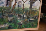 Lower right of Grace B. Keogh painting with green foliage and 'GK' artist signature.