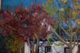 Detail of Keogh painting: crimson and green foliage, vivid blue sky, visible brushwork.