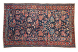 Vintage Fine Hamadan rug with allover blossom design, navy field, madder root red borders, 3'8