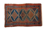 Vintage Kurdish Hamadan rug, geometric triple medallions, madder red and indigo blue abrashed field, 3'10