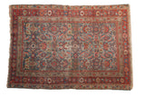 Antique hand-knotted Malayer rug, allover Herati design, slate blue, cherry red, visible wear, 4x6.