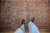 Antique Malayer rug: Herati design in faded slate blue, cherry red, gold, with exposed foundation.