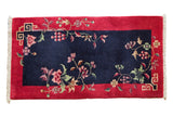 Vintage Chinese Nichols Art Deco runner, navy blue field, black cherry red border, floral vinery.