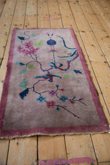 Vintage Art Deco runner with pictorial bird, pink, blue flowers, and dusty mauve ground.