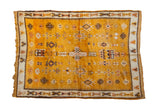 Saffron yellow vintage Moroccan rug, geometric guls, ivory, brown, 4'6