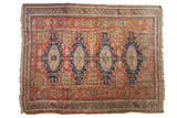 Antique Caucasian Soumac rug, brick red field, sapphire blue multi-medallions, geometric designs, scattered animals.