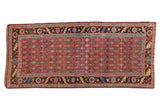 Antique Kurdish rug runner, cherry red allover trellis, dark chocolate serrated palmette floral border, 4'9