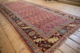 Antique Kurdish rug corner, detailed serrated leaf and palmette border in cherry red, sky blue.