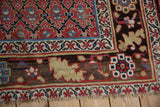 Antique Kurdish runner corner showing dark chocolate serrated leaf border and fringed edge.
