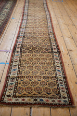 Repeating boteh motifs in rainbow shades on the antique Northwest Persian runner's gold pile.