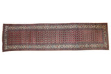 Vintage Hamadan rug runner with an allover pattern of botehs in chestnut red, dusty green, and pale blue.