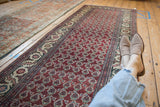 Vintage Hamadan runner viewed from an angle, highlighting the repeating boteh field and ivory border.
