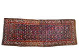 Hand knotted vintage Hamadan runner, Herati blossom design, blue, red, ivory.