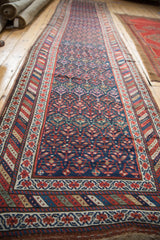 Kurdish runner border with colorful diagonal stripes and repeating plant motifs in the field.