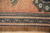 Distressed vintage Hamadan runner's lattice seed field, pawn border, and soft teal, red tones.