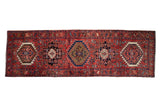 Vintage Persian Heriz runner, alternating serrated medallions, cherry red, sapphire blue, 3'3