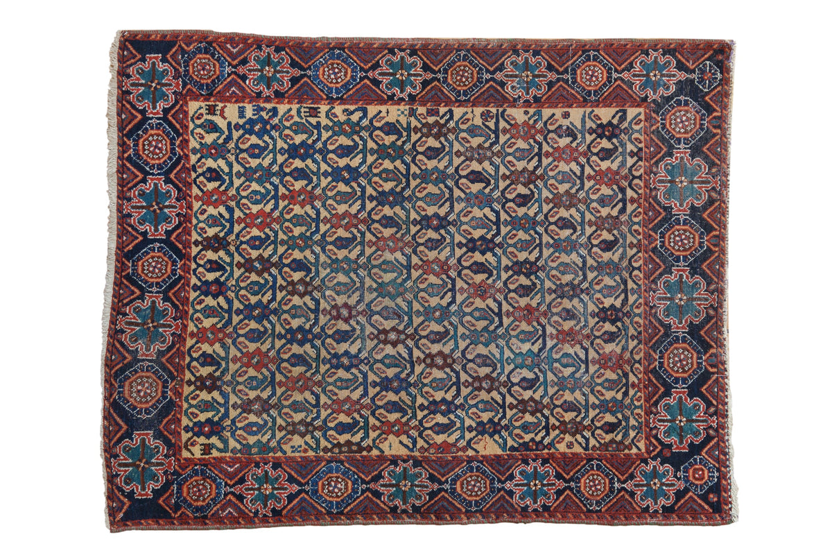 Antique Afshar rug with a dense floral lattice pattern in dusty navy, red, and saffron.