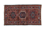 Vintage Persian Karaja rug with triple medallion, geometric patterns, brick red and navy blue, 2' x 3'8
