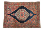Fine vintage Malayer rug, dusty navy hexagonal medallion, abrashed madder red field, 4'2