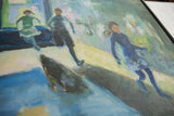 Textured brushstrokes and blue figure detail in Grace B. Keogh's oil on canvas painting.