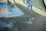 Abstract dark blue and green brushwork with visible canvas texture in Keogh painting.